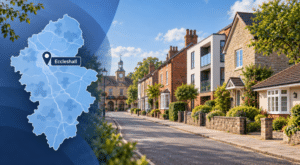 Mortgage Broker in Eccleshall hero image showing a Staffordshire map with an Eccleshall location pin beside a quiet market-town street with a mix of traditional and modern homes.