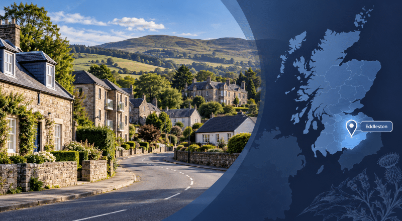 Mortgage Broker in Eddleston with village homes, Scottish Borders countryside and Eddleston location map.
