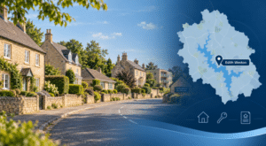 Hero image for Mortgage Broker in Edith Weston showing a peaceful Edith Weston street scene with a mix of stone homes and modern flats, alongside a stylised Rutland map with a location pin labelled Edith Weston in dark blue and light blue branded colours.