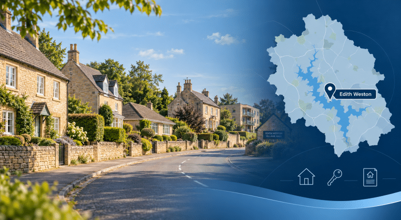 Hero image for Mortgage Broker in Edith Weston showing a peaceful Edith Weston street scene with a mix of stone homes and modern flats, alongside a stylised Rutland map with a location pin labelled Edith Weston in dark blue and light blue branded colours.