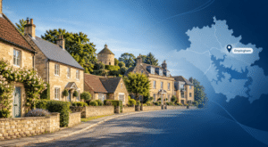 Mortgage Broker in Empingham hero image showing a stylish Rutland village street with a mix of stone homes, a local landmark, and a blue location map with an Empingham pin.