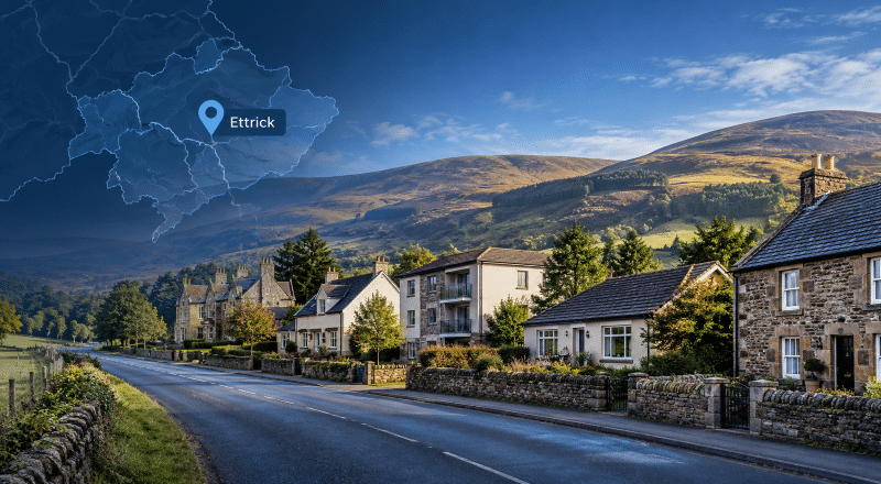 Mortgage Broker in Ettrick hero image showing rural Ettrick homes, rolling Selkirkshire hills and an Ettrick location map pin.