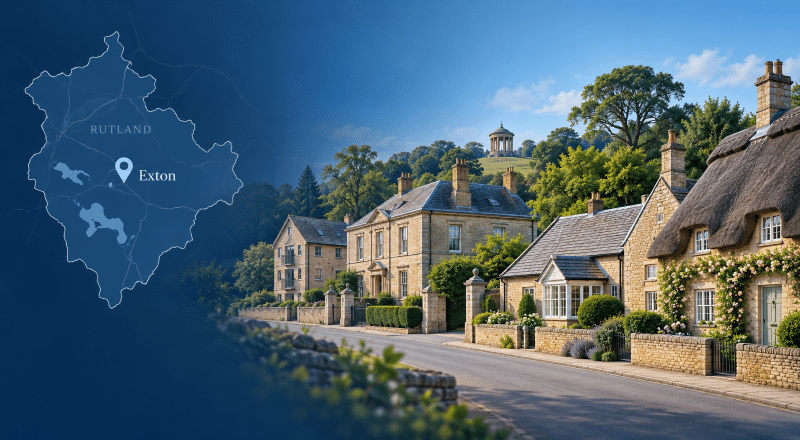 Alt text: Hero image for Mortgage Broker in Exton showing a map of Rutland with Exton marked by a location pin, alongside a quiet Exton street with a mix of stone cottages, larger homes, and a Rutland landmark in the background.