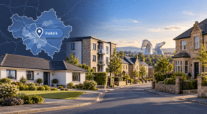 Mortgage Broker in Falkirk hero image showing a map pin over Falkirk, a residential street with varied property types, and the Kelpies in the distance.