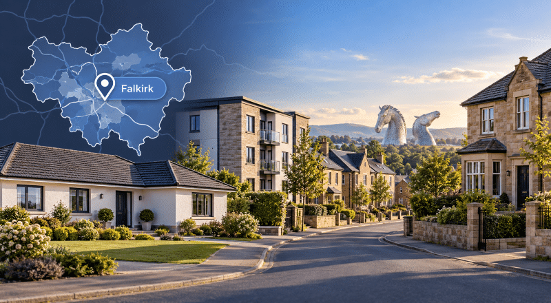 Mortgage Broker in Falkirk hero image showing a map pin over Falkirk, a residential street with varied property types, and the Kelpies in the distance.