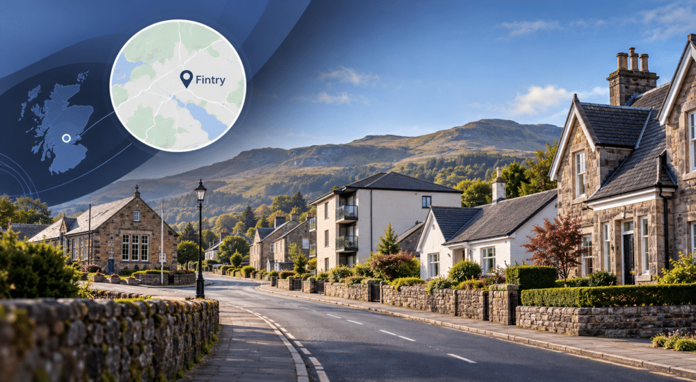 Mortgage Broker in Fintry with Stirlingshire village homes, local map and Fintry location marker.