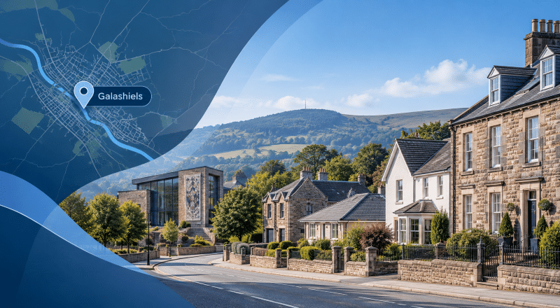 Mortgage Broker in Galashiels hero image showing a Galashiels location map, property-lined street and local Scottish Borders architecture.