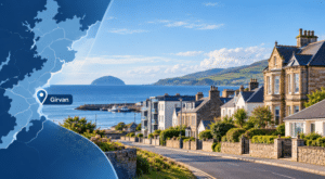 Mortgage Broker in Girvan hero image showing a coastal street scene, local property types, a map of Girvan, and a location pin in Ayrshire