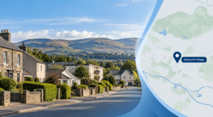 Mortgage Broker in Glenochil Village hero image showing a Glenochil Village residential street, mixed property types, the Ochil Hills, and a location map pin in Clackmannanshire.