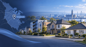 Mortgage Broker in Grangemouth hero image showing a map pin for Grangemouth, a residential street with varied property types, and a local industrial waterfront landmark in the distance.