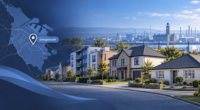 Mortgage Broker in Grangemouth hero image showing a map pin for Grangemouth, a residential street with varied property types, and a local industrial waterfront landmark in the distance.