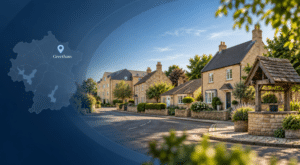 Mortgage Broker in Greetham, Rutland – local limestone homes, village street and Greetham location map.