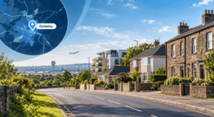 Mortgage Broker in Guiseley hero image showing local West Yorkshire homes, the Guiseley area map and location pin, with Leeds Bradford Airport visible in the distance.
