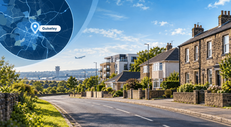 Mortgage Broker in Guiseley hero image showing local West Yorkshire homes, the Guiseley area map and location pin, with Leeds Bradford Airport visible in the distance.