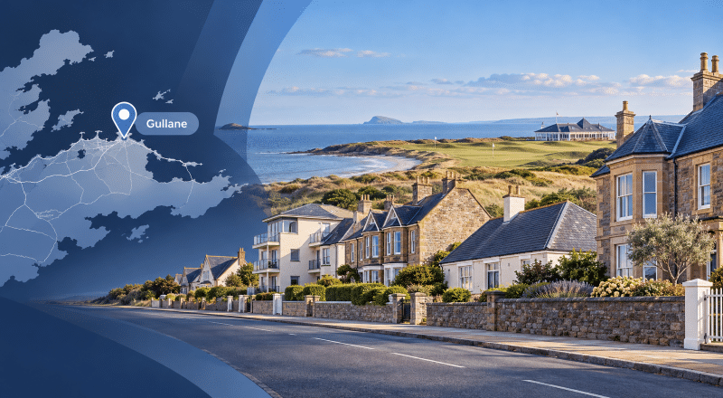 Mortgage Broker in Gullane, East Lothian, with local homes, coastal scenery, golf links and a Gullane location map marker.