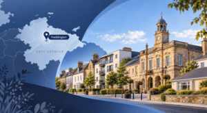 Mortgage Broker in Haddington hero image showing a map of East Lothian with Haddington marked by a location pin, alongside a Haddington street scene with a mix of homes and a landmark town building.