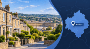 Mortgage Broker in Halifax hero image featuring traditional Yorkshire stone homes, Halifax’s Piece Hall and a branded Halifax location map with pin.