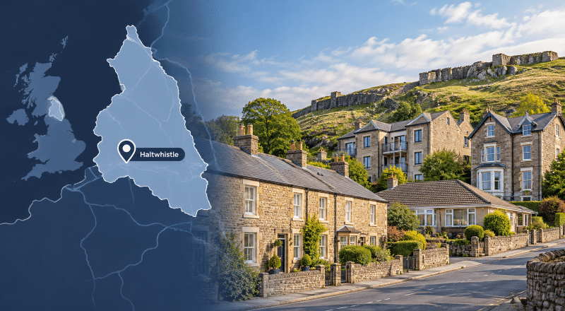 Mortgage Broker in Haltwhistle with Northumberland map marker, local stone homes and a subtle Hadrian’s Wall reference.