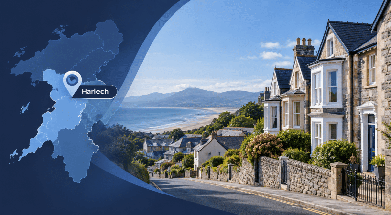 Mortgage Broker in Harlech, Gwynedd, with a Harlech location map and hillside homes overlooking the coast.