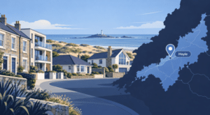 Mortgage Broker in Hayle hero image showing a stylised map of Cornwall with Hayle marked, coastal homes, sandy dunes and the nearby lighthouse in branded dark and light blue tones.