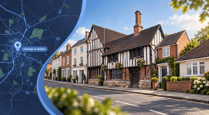 Mortgage Broker in Henley-in-Arden hero image showing a map location pin for Henley-in-Arden beside a traditional Warwickshire street scene with varied homes and a historic timber-framed landmark.