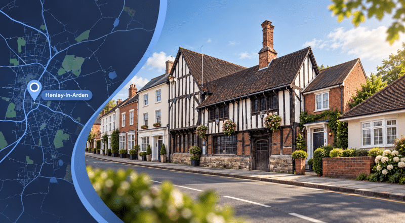 Mortgage Broker in Henley-in-Arden hero image showing a map location pin for Henley-in-Arden beside a traditional Warwickshire street scene with varied homes and a historic timber-framed landmark.