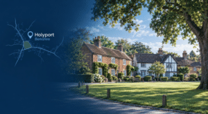Mortgage Broker in Holyport – Berkshire village homes beside a green, with a location pin and stylised map in dark and light blue.