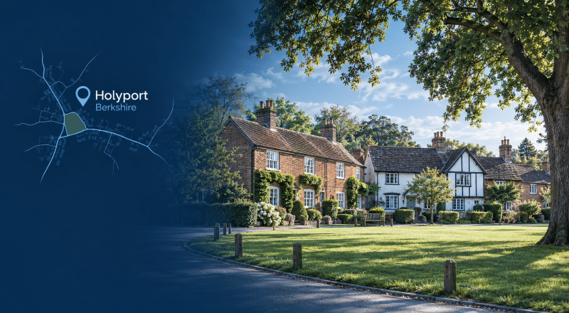Mortgage Broker in Holyport – Berkshire village homes beside a green, with a location pin and stylised map in dark and light blue.