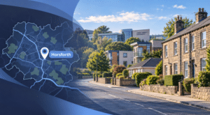 Mortgage Broker in Horsforth hero image featuring a Horsforth location map and pin, local stone homes, modern housing and Leeds Trinity University in the background.