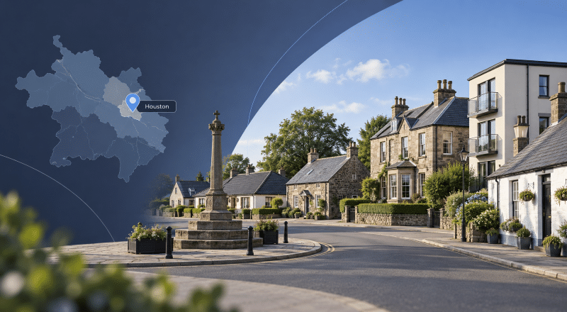 Mortgage Broker in Houston hero image showing a map of Houston in Renfrewshire with a location pin, alongside a quiet village street featuring a mix of local properties and a traditional landmark.