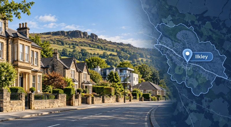 Mortgage Broker in Ilkley hero image featuring Yorkshire stone homes, Ilkley Moor and the Cow and Calf Rocks, with an Ilkley location map and pin.