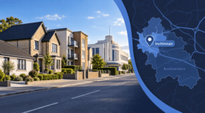 Mortgage Broker in Inchinnan hero image showing a street scene with varied homes, the India of Inchinnan landmark, and a Renfrewshire location map with an Inchinnan pin.