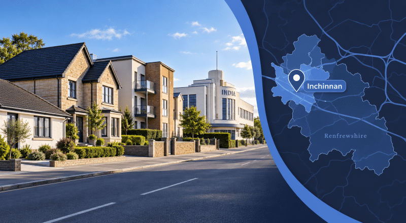Mortgage Broker in Inchinnan hero image showing a street scene with varied homes, the India of Inchinnan landmark, and a Renfrewshire location map with an Inchinnan pin.