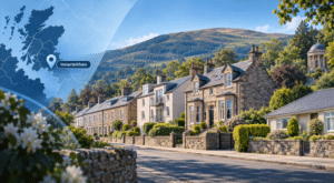 Mortgage Broker in Innerleithen hero image showing a street of varied homes, local landmark, and location map icon in Innerleithen, Peeblesshire.