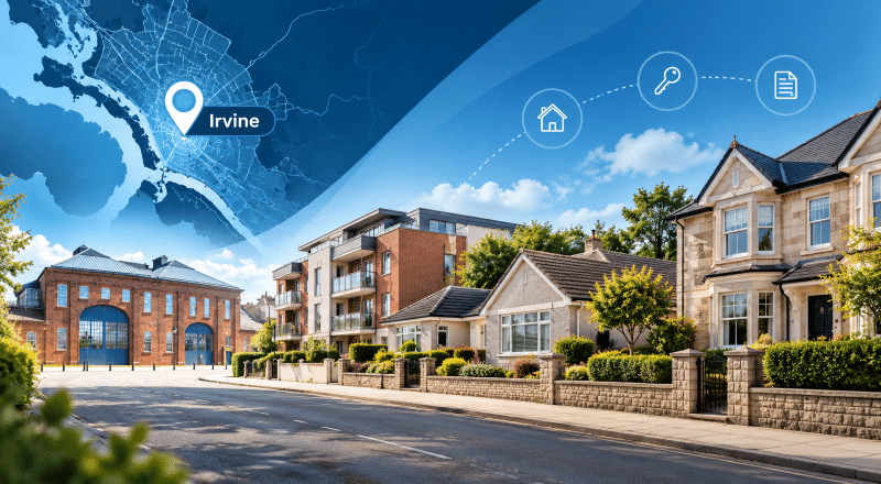 Mortgage Broker in Irvine KA11 hero image showing a street scene with mixed property types, a map of Irvine, a location pin labelled Irvine, and a landmark inspired by Irvine’s maritime heritage in Ayrshire.