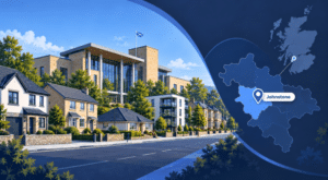 Mortgage Broker in Johnstone with local homes, civic landmark and Renfrewshire location map