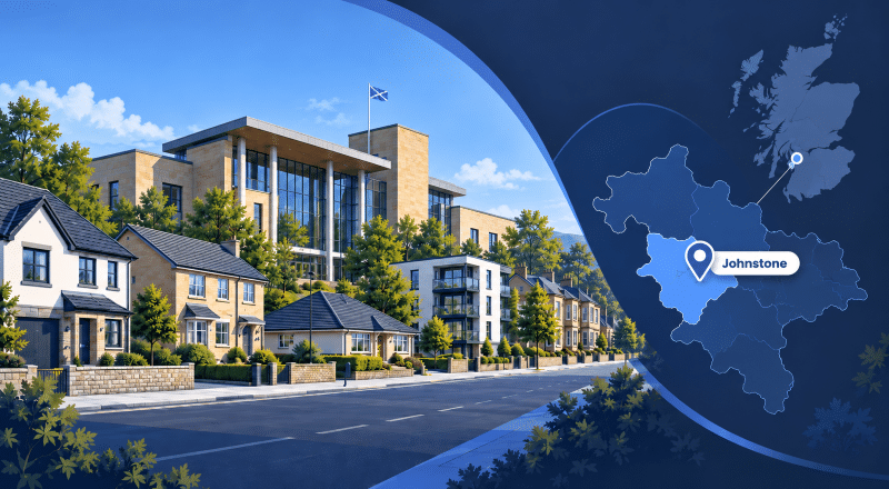 Mortgage Broker in Johnstone with local homes, civic landmark and Renfrewshire location map