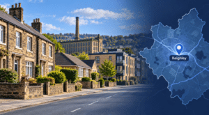 Mortgage Broker in Keighley hero image featuring local stone homes, varied residential property, Keighley’s industrial heritage and a location map with pin.