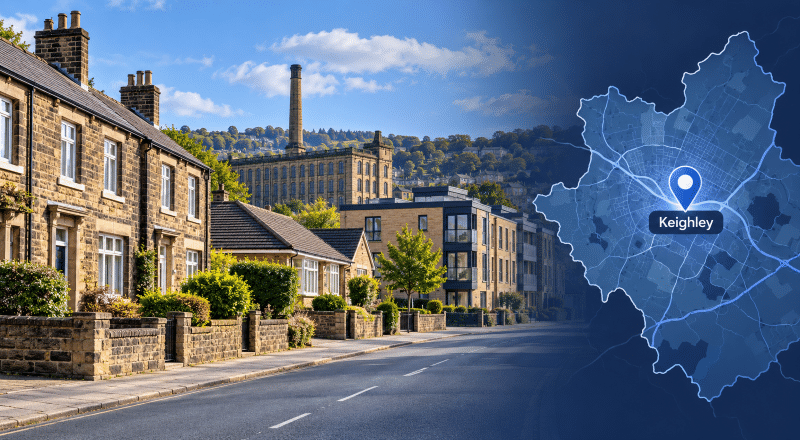 Mortgage Broker in Keighley hero image featuring local stone homes, varied residential property, Keighley’s industrial heritage and a location map with pin.