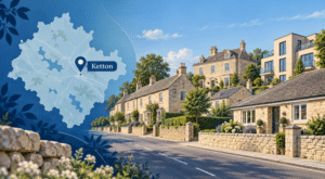 Mortgage Broker in Ketton with Rutland map location pin, Ketton limestone homes and a varied village property street scene.