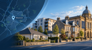 Mortgage Broker in Kilmarnock – branded hero image featuring a Kilmarnock map pin, local housing styles and the Dick Institute in Ayrshire.
