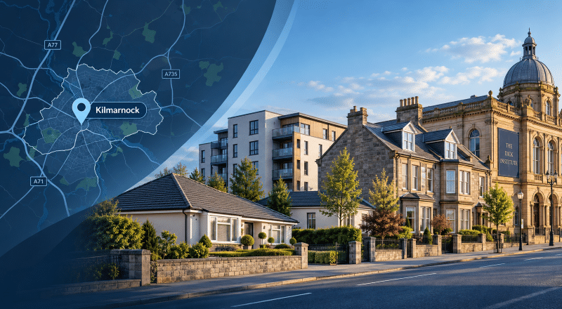 Mortgage Broker in Kilmarnock – branded hero image featuring a Kilmarnock map pin, local housing styles and the Dick Institute in Ayrshire.