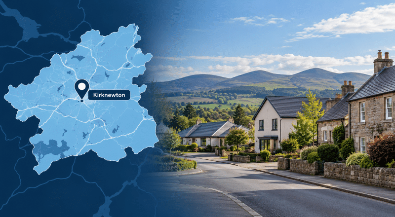 Mortgage Broker in Kirknewton hero image featuring a West Lothian location map and Kirknewton pin alongside a residential street with traditional stone homes, modern properties and the Pentland Hills landscape.