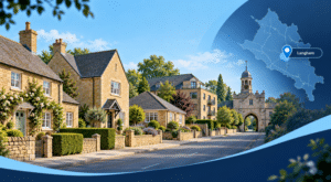 Mortgage Broker in Langham hero image showing a Langham village street with stone homes, varied property types, a local landmark, and a map pin marking Langham in Rutland.