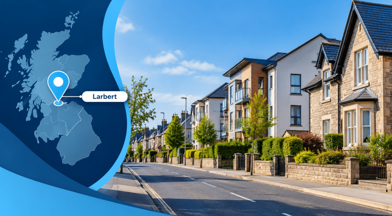 Mortgage Broker in Larbert, Stirlingshire, with a Larbert location map and a residential street showing a mix of local housing.
