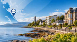 Mortgage Broker in Largs hero image showing a coastal street scene with varied property types, a map of Largs with a location pin, and the Pencil Monument in Ayrshire. Do you like this personality?
