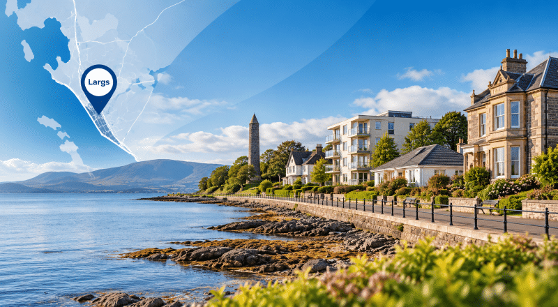 Mortgage Broker in Largs hero image showing a coastal street scene with varied property types, a map of Largs with a location pin, and the Pencil Monument in Ayrshire. Do you like this personality?