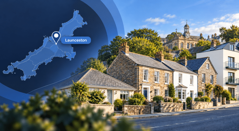 Mortgage Broker in Launceston hero image showing a map of Cornwall with a Launceston location pin, alongside a Launceston street scene with varied homes and a local landmark.