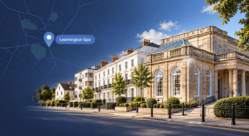 Mortgage Broker in Leamington Spa hero image showing a map pin, Leamington Spa location label, elegant period architecture, and a street with mixed residential property styles in Warwickshire.