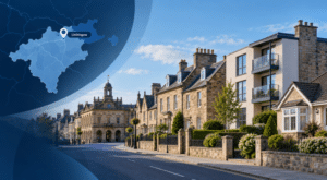 Mortgage Broker in Linlithgow hero image featuring a West Lothian map with a Linlithgow location pin, traditional stone homes, modern apartments and a distinctive Linlithgow streetscape.